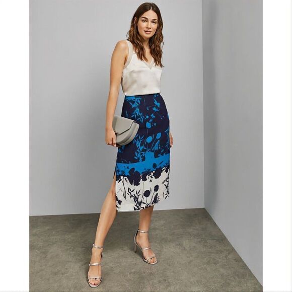 Nwt Ted Baker - 1 (US 0-2) Selaah Bluebell Floral Side Slit Midi Skirt Lined - Picture 1 of 10
